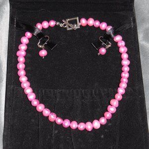 Hot Pink Pearl Necklace and Earrings Set